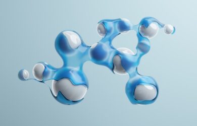 Blå och vita sfärer i en stiliserad molekylstruktur